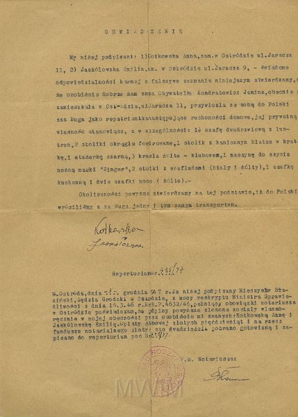 KKE 5305.jpg - Dok. Oświadczenie sądowe światków, potwierdzające własność przywiezionych rzeczy w wyniku akcji repatriacyjnej przez Janinę Kondratowicz, Ostróda, 3 XII 1947 r.